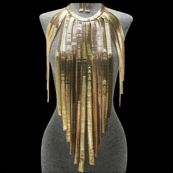 Silver Gold and Gunmetal Long Fringe Metal Statement Body Chain Necklace - Picture 3 of 6